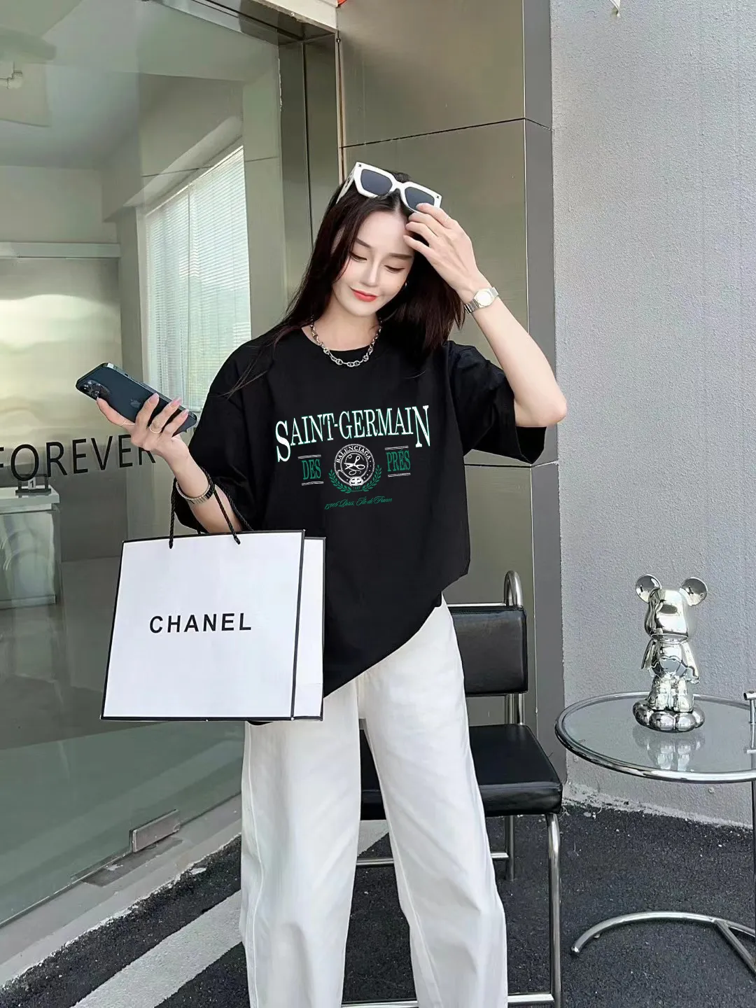 P80✨🔥 BALENCIAGA Paris lettering printed short-sleeved T-shirt, custom-woven and dyed 280g combed cotton heavyweight fabric, zero color difference in thread, perfect details, different from the current version on the market, welcome to compare, Same Style for men and women, must-sell in the picture above Color: White Black Size: 1 2 3 4